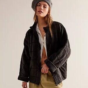 Free People Quilted Dolman Knit Jacket Cotton Bomber Black Oversized Size Large